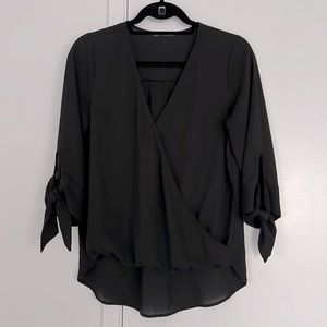 Beautiful Feminine Black Blouse in Excellent Condition! Tie Sleeves and Hi-Lo!